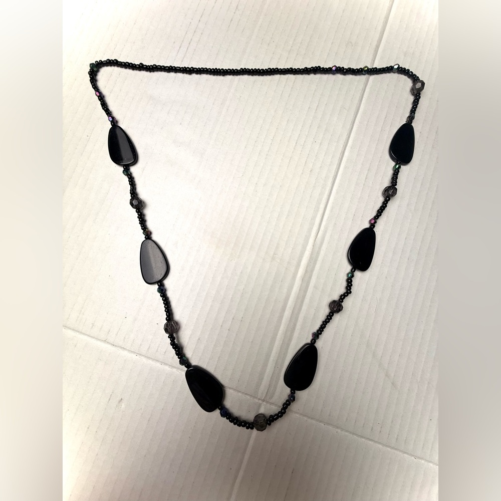 Vintage Black Onyx Agate Station‎ Teardrop Beaded Necklace Single Strand Jewelry
